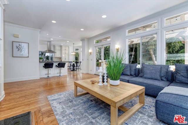 living room featuring ornamental molding, french doors, a wealth of natural light, and light hardwood / wood-style flooring