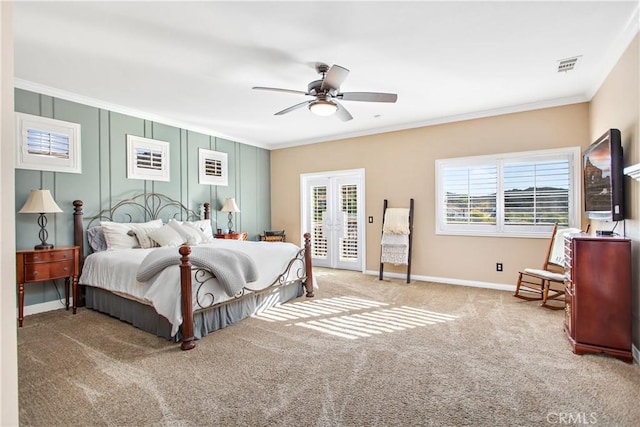 bedroom featuring carpet flooring, ceiling fan, french doors, crown molding, and access to outside