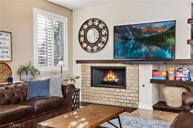 living room featuring a fireplace