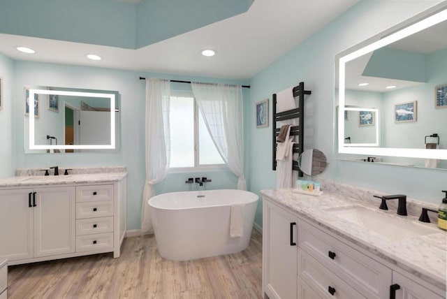 bathroom featuring hardwood / wood-style floors, vanity, and a bath