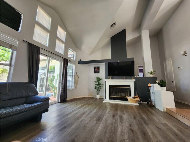 living room featuring hardwood / wood-style floors and a towering ceiling