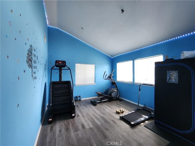 exercise area featuring vaulted ceiling and wood-type flooring