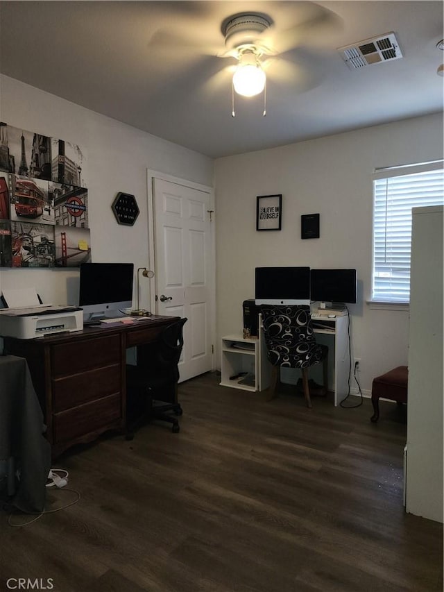 office with ceiling fan and dark wood-type flooring