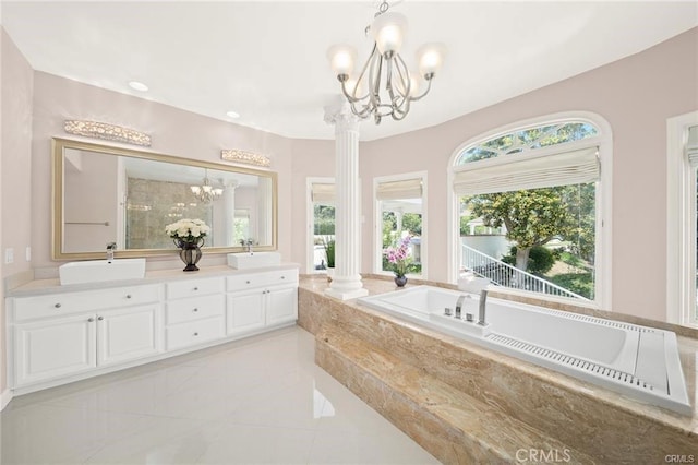 22427 Steeplechase Ln, Diamond Bar, CA 91765 - full bath with a chandelier, a bath, double vanity, ornate columns, and a tile shower