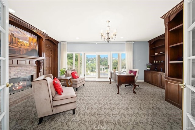 22427 Steeplechase Ln, Diamond Bar, CA 91765 - carpeted office space with a chandelier, a brick fireplace, and recessed lighting
