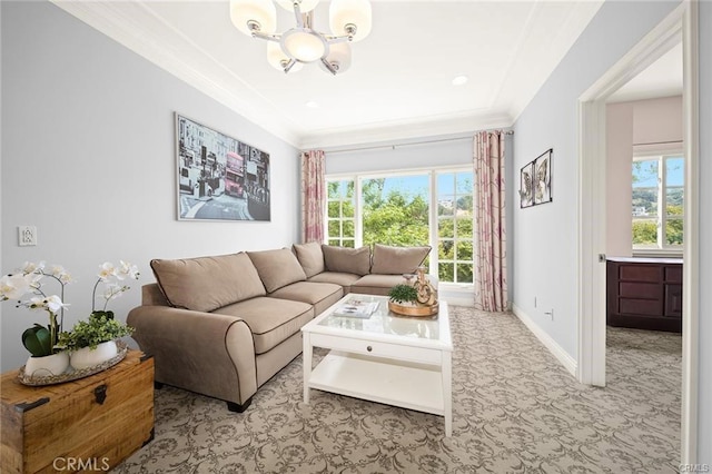 22427 Steeplechase Ln, Diamond Bar, CA 91765 - carpeted living area featuring a chandelier, baseboards, and crown molding