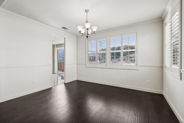 unfurnished room featuring a notable chandelier, dark hardwood / wood-style flooring, and crown molding