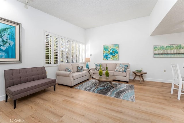 living room featuring wood-type flooring and a textured ceiling