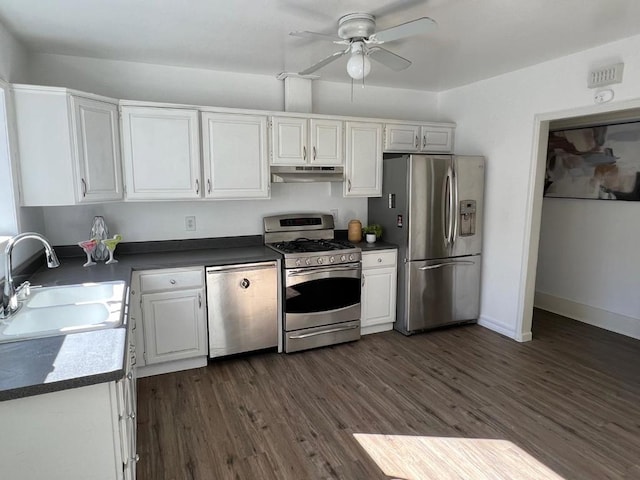 kitchen featuring white cabinetry, sink, ceiling fan, dark hardwood / wood-style floors, and appliances with stainless steel finishes