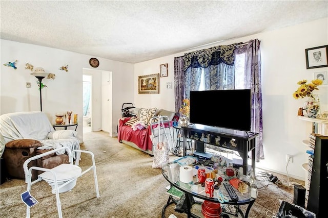 carpeted living room with a textured ceiling