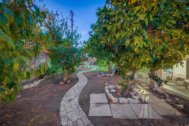 view of yard featuring an outdoor hangout area and a patio area