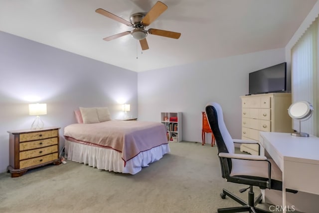 bedroom featuring ceiling fan and light colored carpet