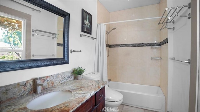 full bathroom with tile patterned flooring, vanity, toilet, and shower / bathtub combination with curtain