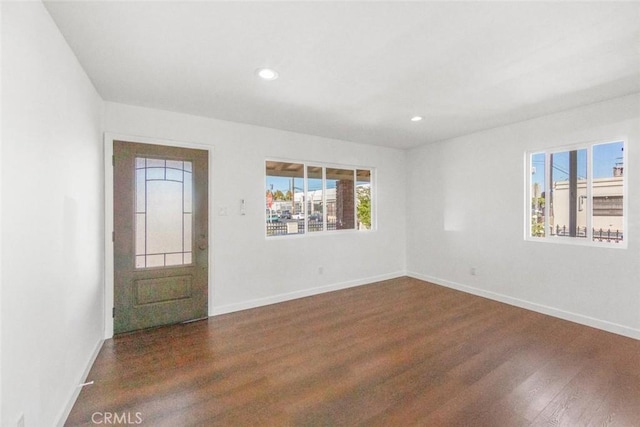 foyer entrance with a wealth of natural light and dark hardwood / wood-style flooring