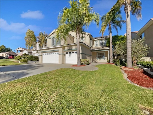 view of front of property with a garage and a front lawn