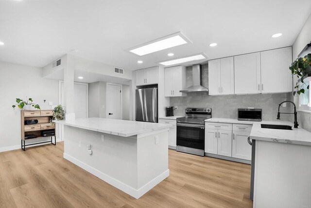 kitchen featuring white cabinets, sink, wall chimney exhaust hood, light wood-type flooring, and stainless steel appliances