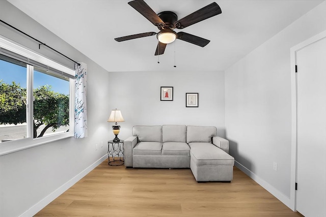 living room featuring ceiling fan and light hardwood / wood-style flooring