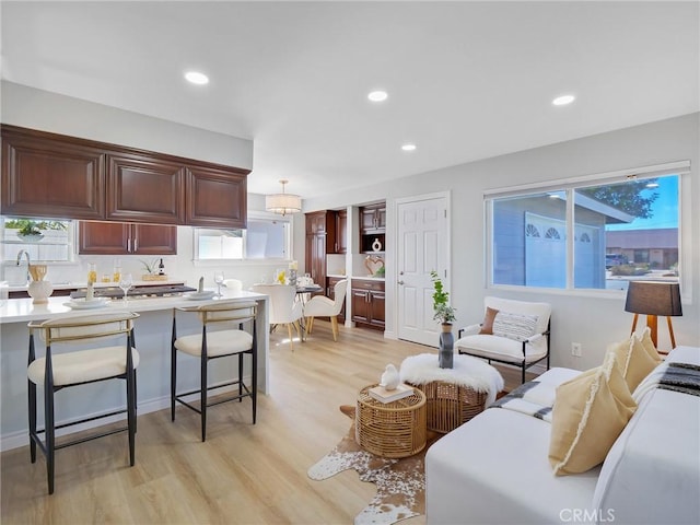 living room featuring light wood-type flooring, a wealth of natural light, and sink