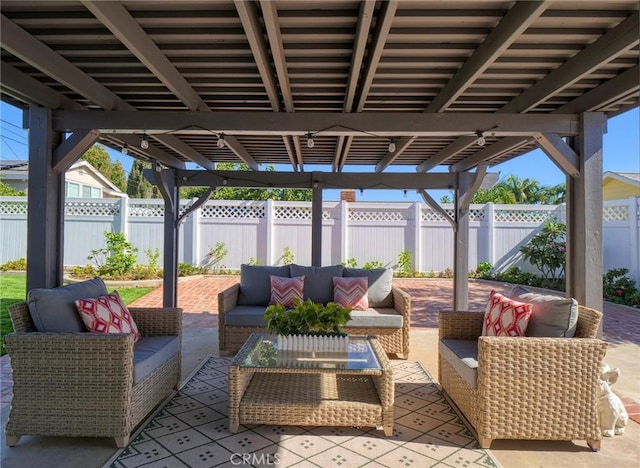 view of patio with a pergola and outdoor lounge area