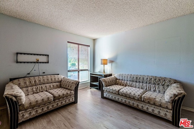 living room with wood-type flooring and a textured ceiling