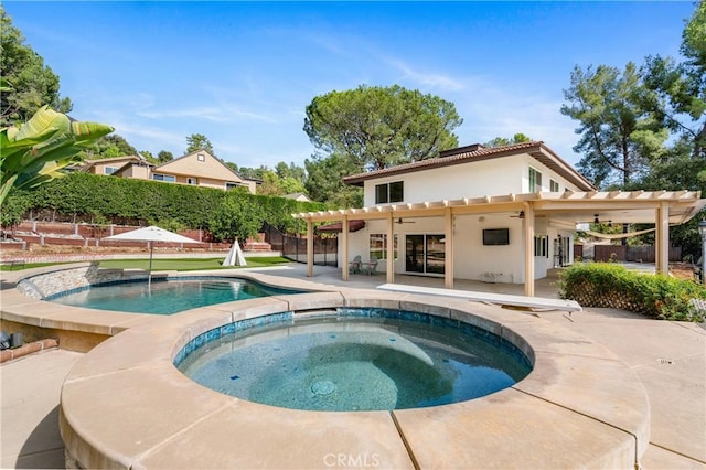 view of pool with ceiling fan, a pergola, an in ground hot tub, and a patio