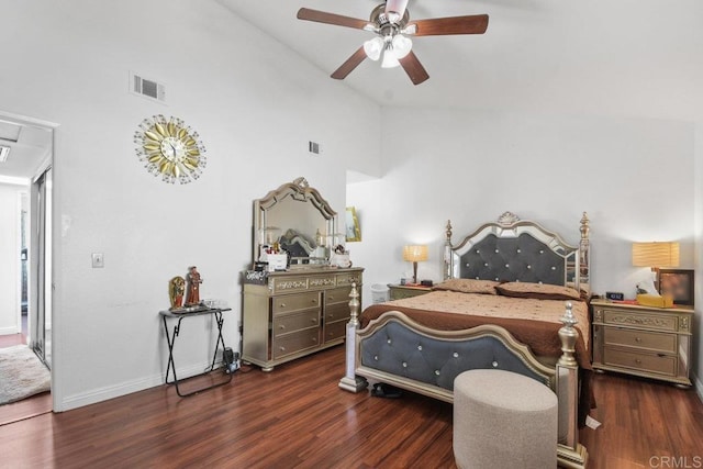 bedroom featuring visible vents, dark wood-type flooring, ceiling fan, high vaulted ceiling, and baseboards