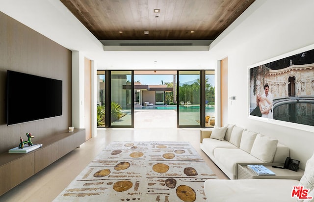 living room with wood ceiling