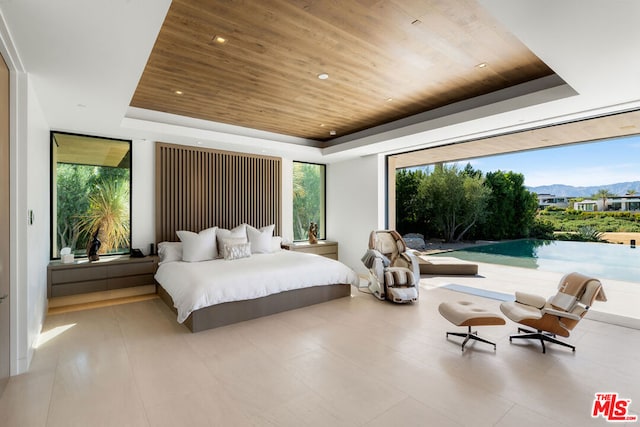 bedroom featuring multiple windows and a tray ceiling