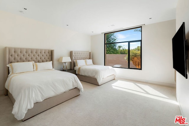 bedroom with expansive windows and light carpet