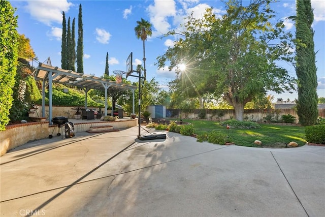 view of patio / terrace featuring a pergola and a storage shed