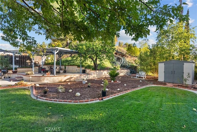 view of yard with a storage unit and a pergola