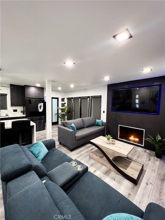 living room featuring a fireplace and light wood-type flooring