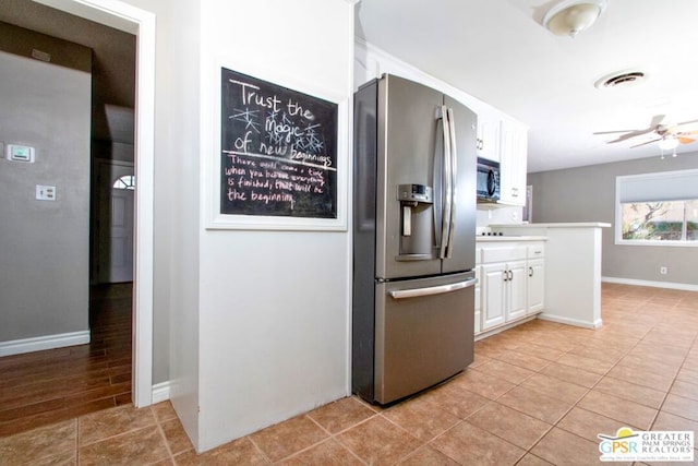 kitchen featuring white cabinets, stainless steel refrigerator with ice dispenser, light wood-type flooring, and ceiling fan