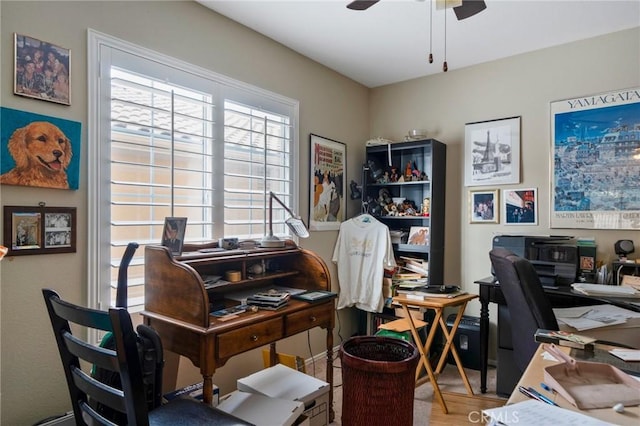 office space featuring wood-type flooring and ceiling fan