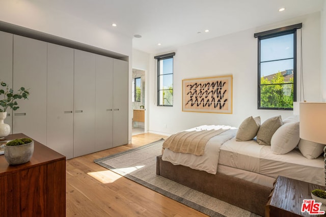 bedroom featuring ensuite bathroom, light hardwood / wood-style flooring, and multiple windows