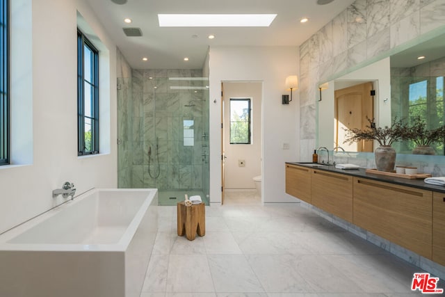 full bathroom with a skylight, a wealth of natural light, vanity, and toilet