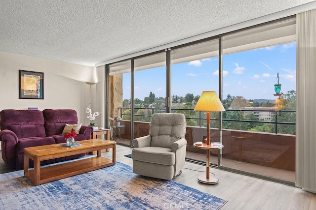 living room with wood-type flooring and a textured ceiling