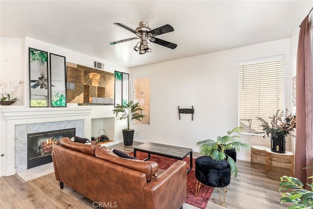 living room featuring a fireplace, a wealth of natural light, and light hardwood / wood-style flooring