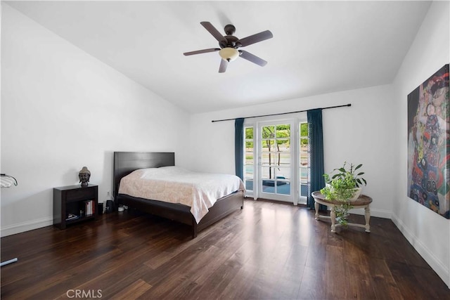 bedroom with ceiling fan, dark hardwood / wood-style flooring, access to outside, and vaulted ceiling