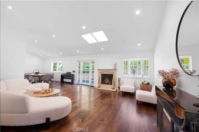 living room with plenty of natural light and dark wood-type flooring