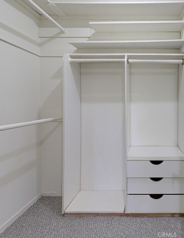 walk in closet featuring light colored carpet