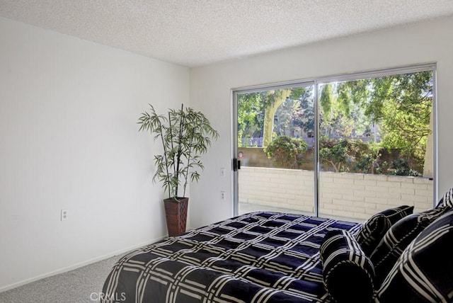 bedroom with multiple windows, carpet, and a textured ceiling