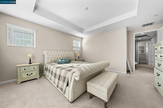 carpeted bedroom with a tray ceiling