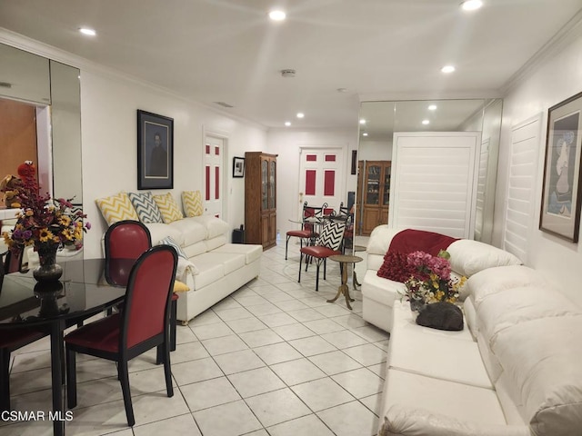 tiled living room featuring crown molding