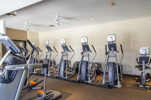 workout area featuring ceiling fan and carpet floors