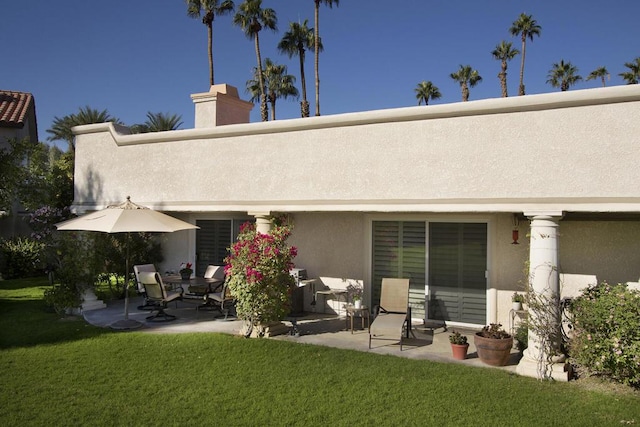 back of house featuring a patio area and a lawn