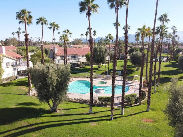 view of pool featuring a yard