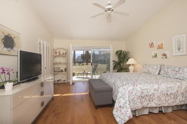 bedroom featuring access to exterior, vaulted ceiling, ceiling fan, and dark wood-type flooring