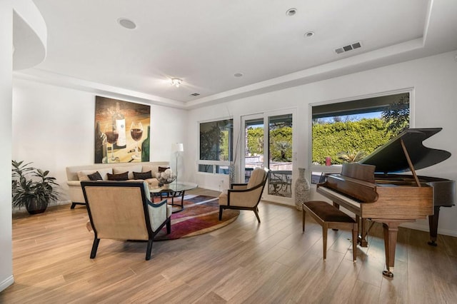 living area with light hardwood / wood-style floors and a tray ceiling