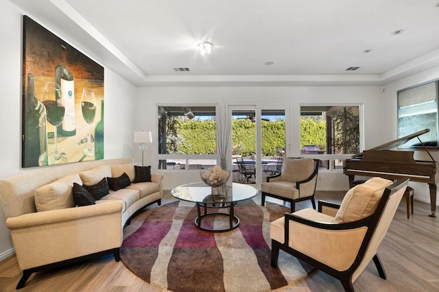 living room with a tray ceiling and light hardwood / wood-style flooring